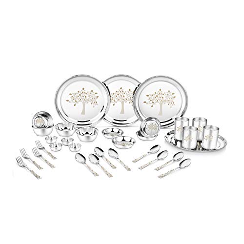 Classic Essentials Stainless Steel Dinner Set|Serves 4 People|Heavy Gauge|Kitchen Set|Permanent Laser-Vriksha, Set of 32 - Image 1