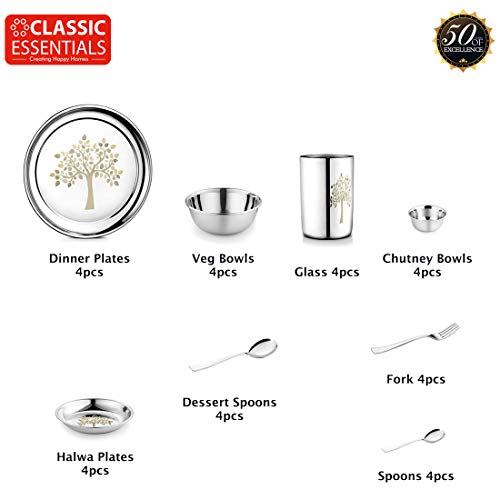 Classic Essentials Stainless Steel Dinner Set|Serves 4 People|Heavy Gauge|Kitchen Set|Permanent Laser-Vriksha, Set of 32 - Image 3