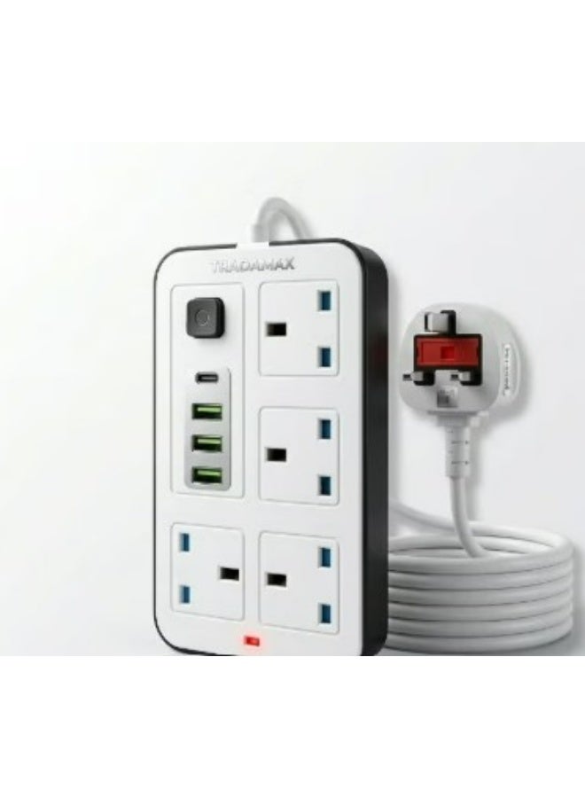 تراداماكس توصيلة كهربائي TRADAMAX بأربع مخارج بريطانية مع 3 منافذ USB ومنفذ USB-C للشحن السريع وكابل بطول 3 متر - Image 2