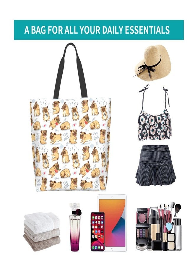 Qwalnely Tote Bag Beach Canvas Travel Reusable Grocery Shopping Bag Pug Gifts for Pug Lover - Image 5