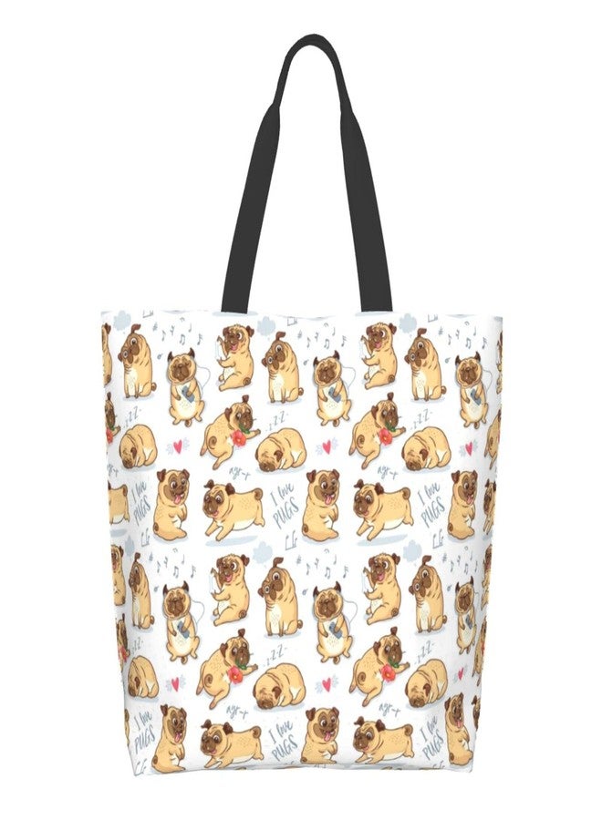 Qwalnely Tote Bag Beach Canvas Travel Reusable Grocery Shopping Bag Pug Gifts for Pug Lover - Image 1