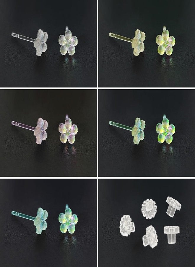 DLAND 5 Pairs Colored Flower Stud Earrings with Soft Rubber Backs, Clear Invisible Resin Ear Pins for Daily Wear - Image 3