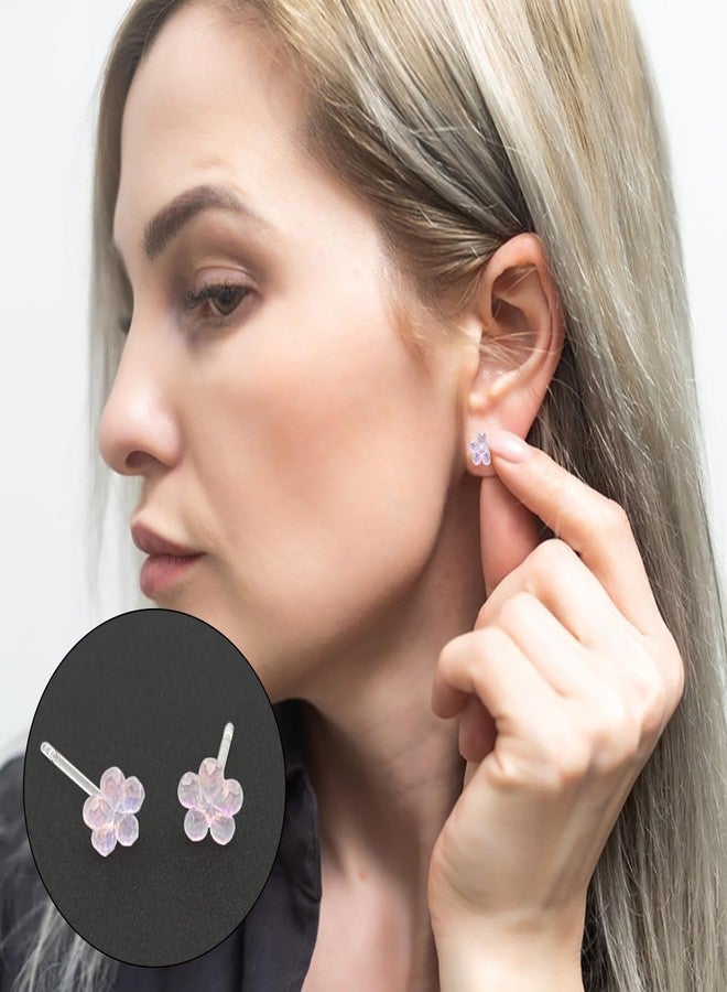 DLAND 5 Pairs Colored Flower Stud Earrings with Soft Rubber Backs, Clear Invisible Resin Ear Pins for Daily Wear - Image 5