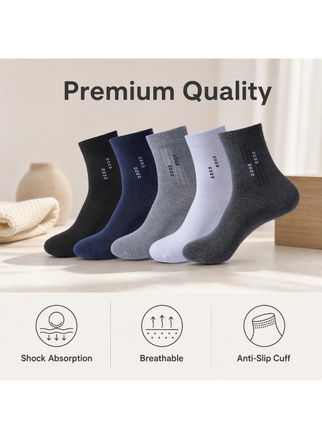 Lesha 5 Pairs Men's 100 % Cotton Crew Socks - Comfortable, Durable, Mid - Calf, Moisture Wicking Breathable Socks, Dress Socks for Business and Casual(Multicolour) - Image 2