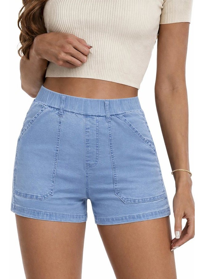 SESERAGI Jean Shorts Womens Elastic Waist Stretchy Light Blue Summer Short para Mujer Light Blue XXL - Image 1