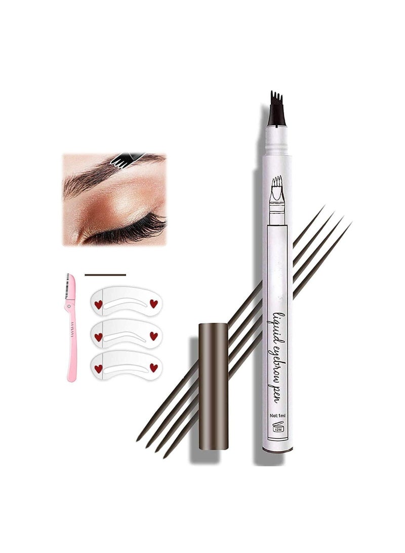 Generic Eyebrow Pen, 4 Point Eyebrow Pencil Waterproof Eye Brown Makeup,Eyebrow Kits with 3 Eyebrow Stencil,1 Brow Razor (3# Dark Grey) - Image 1