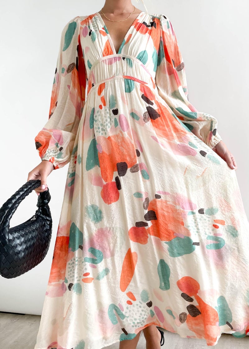 Maxigerui Women's Long Sleeve Floral Maxi Dress 2026 Spring Summer Wedding Guest Dress Red Watercolor M - Image 2