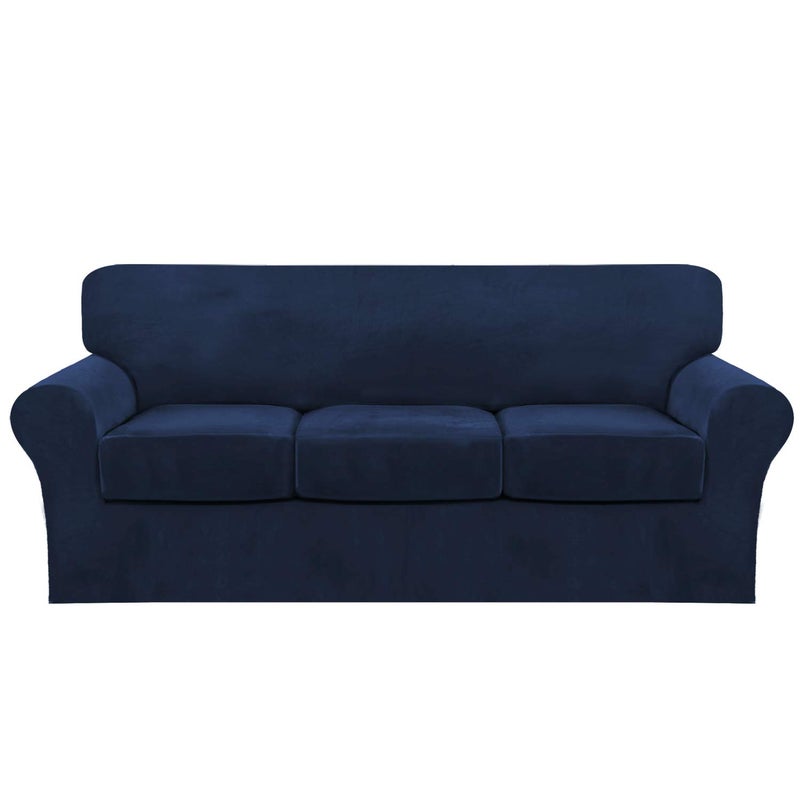 FantasDecor 4 Piece Sofa Velvet Couch Covers for 3 Cushion Stretch Slipcover with Individual Seat Cushion Elastic Furniture Protector for Pets Machine Washable Sofa Navy