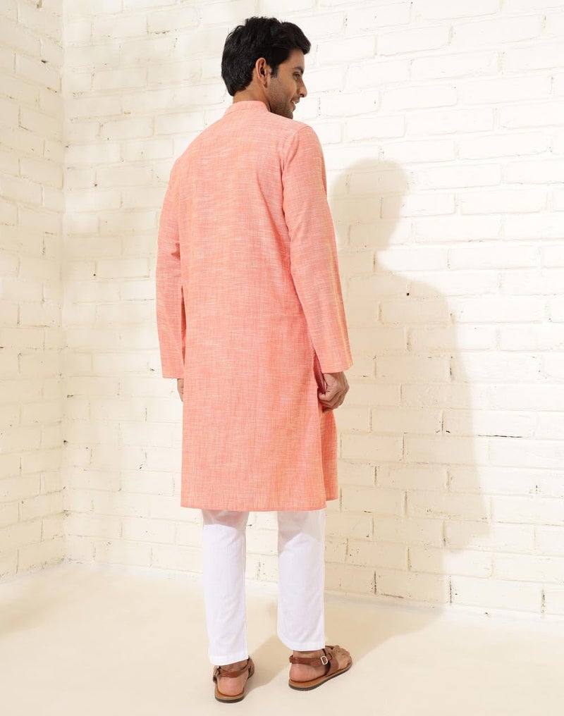 Fabindia Men Coral Mandarin Collar Long Sleeves Kurta - Image 3