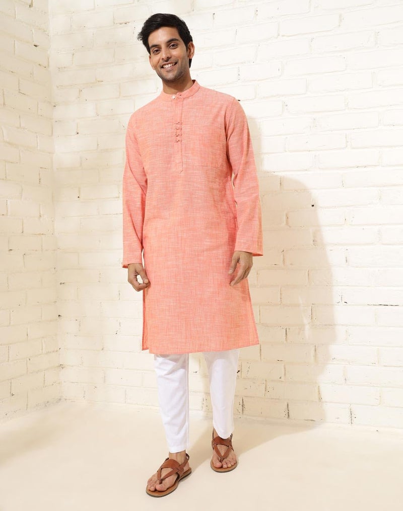 Fabindia Men Coral Mandarin Collar Long Sleeves Kurta - Image 4