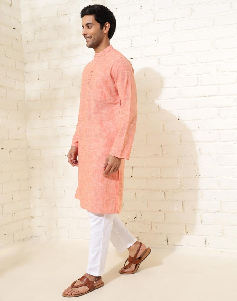 Fabindia Men Coral Mandarin Collar Long Sleeves Kurta - Image 2
