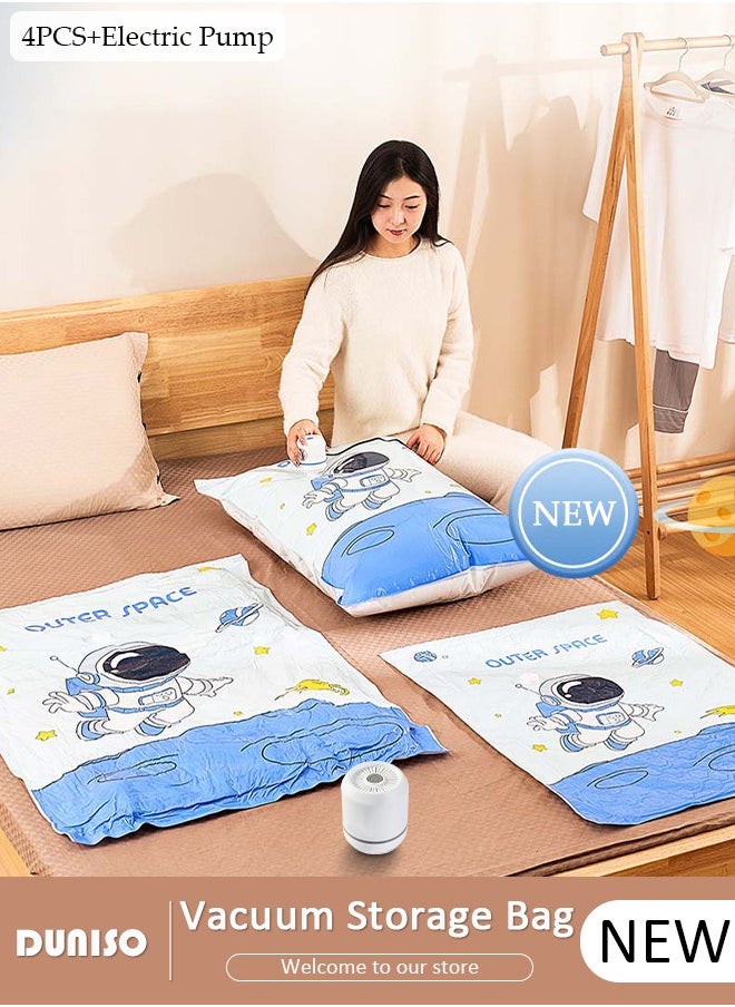 DUNISO Combo Vacuum Storage Bag with Electric Pump, 4 Pack(1Jumbo + 1 Large + 1Medium + 1 Small) of Reusable Compression Bags, Double Zip Seal Special-Grip Clip,Travel Vacuum Sealer Bags, Rapid Vacuum for Clothes, Mattress, Blanket, Pillows Compression and Travelling  - Image 1