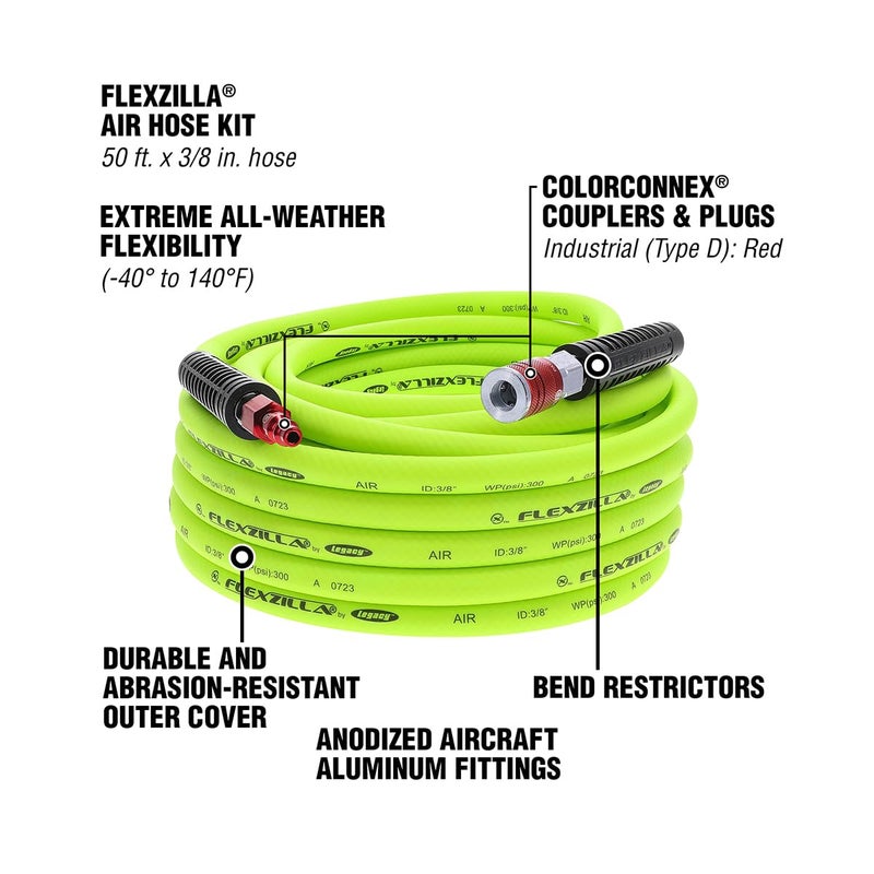 Flexzilla Air Hose with ColorConnex Industrial Type D Coupler and Plug, 3/8 in. x 50 ft., Heavy Duty, Lightweight, Hybrid, ZillaGreen - HFZ3850YW2-D - Image 3