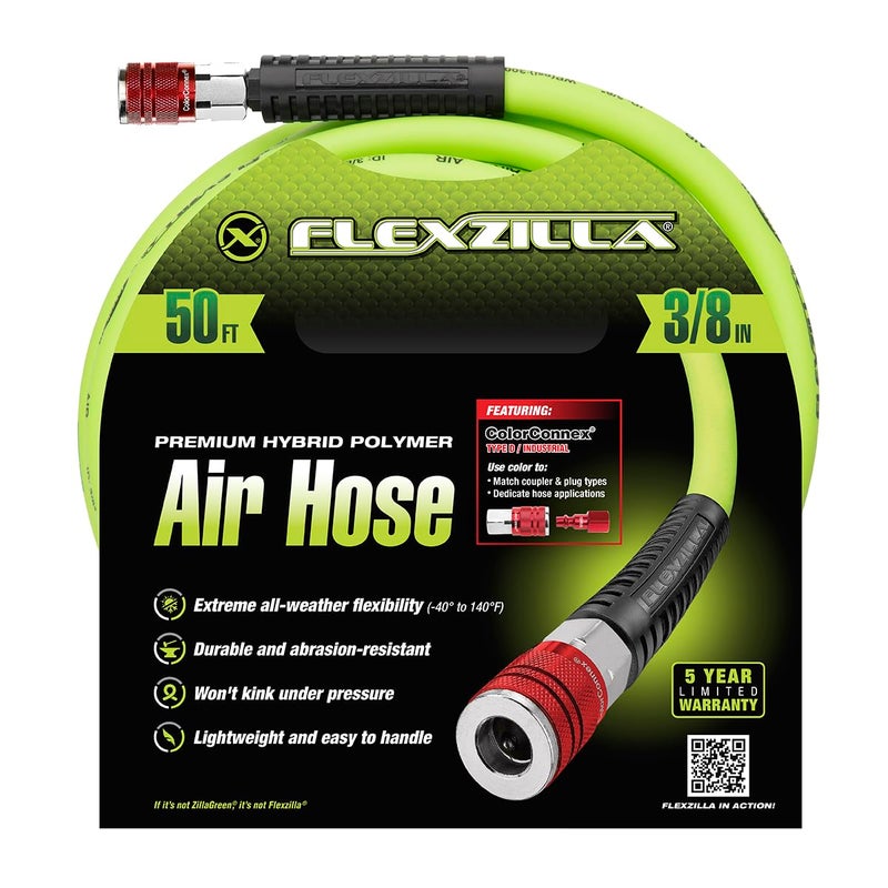 Flexzilla Air Hose with ColorConnex Industrial Type D Coupler and Plug, 3/8 in. x 50 ft., Heavy Duty, Lightweight, Hybrid, ZillaGreen - HFZ3850YW2-D - Image 2