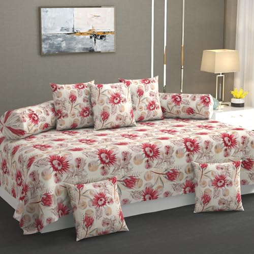 TIB® Polycotton Waterproof Diwan Bed Cover 8 Piece Set, Bedsheet (152x228 cm), 2 Bolster Covers (40x78 cm), 5 Cushion Covers (40x40 cm) Wrinkle-Free Design. (Leaf Brown) (Flower Grey) (Flower Pink) - Image 1