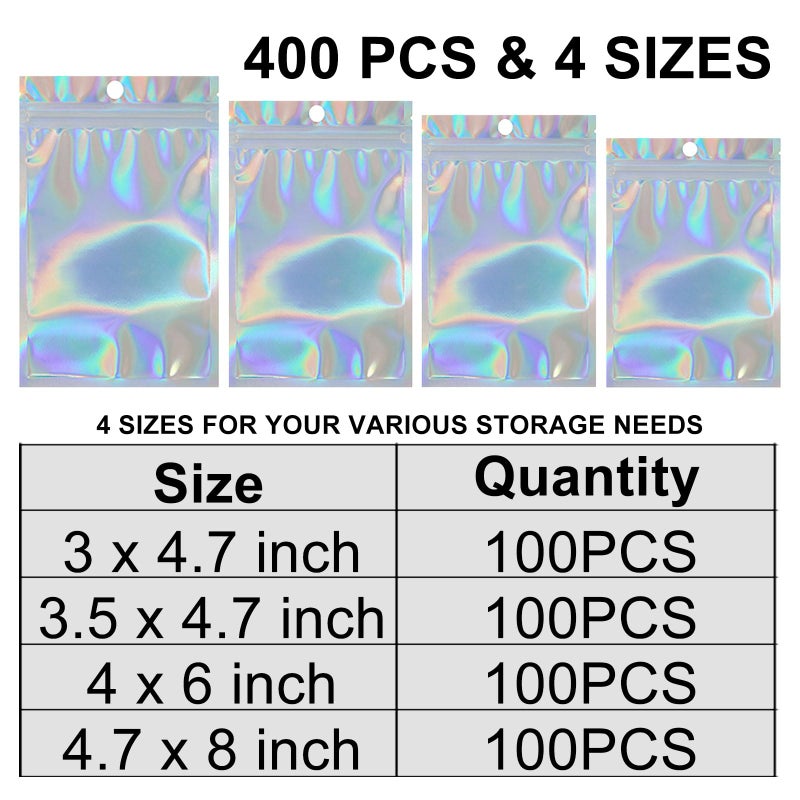 HDFCLUP 400 Pack 4 Sizes Holographic Resealable Mylar Bags with Window for Food Storage, Cookies, Candy, Jewelry & Office - Image 3