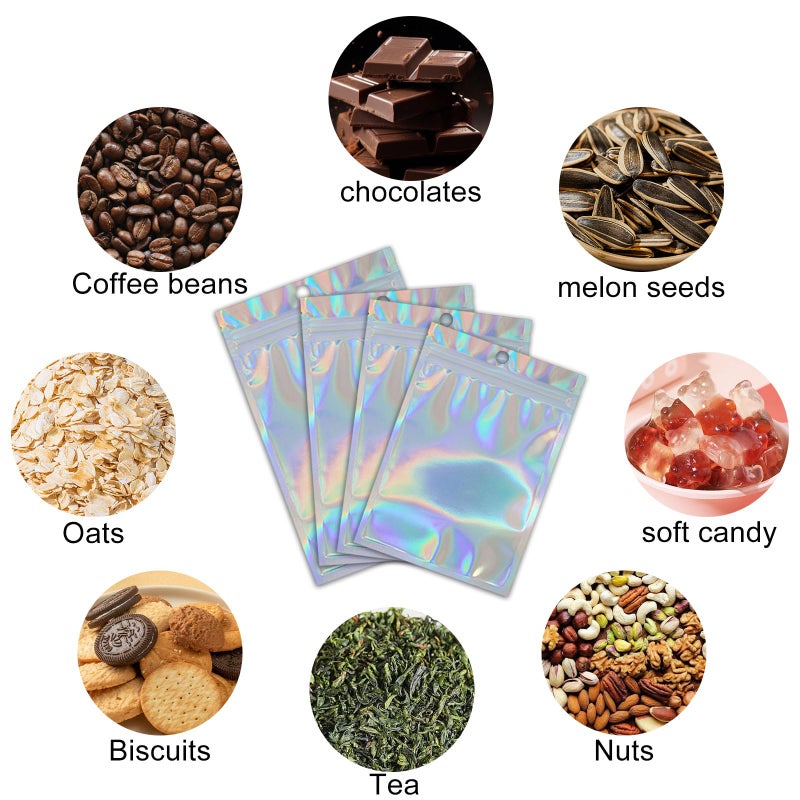 HDFCLUP 400 Pack 4 Sizes Holographic Resealable Mylar Bags with Window for Food Storage, Cookies, Candy, Jewelry & Office - Image 5