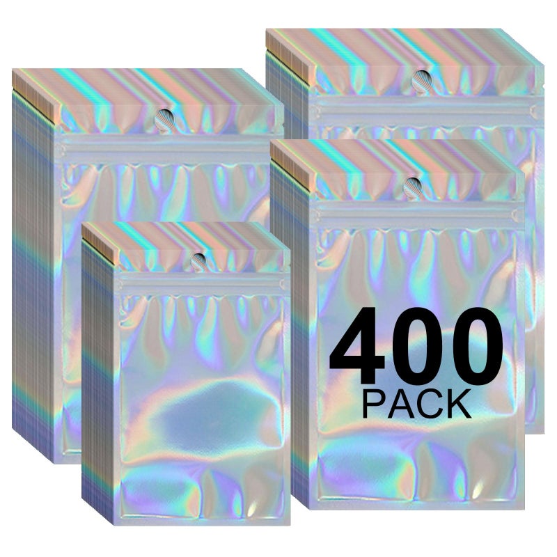 HDFCLUP 400 Pack 4 Sizes Holographic Resealable Mylar Bags with Window for Food Storage, Cookies, Candy, Jewelry & Office - Image 1