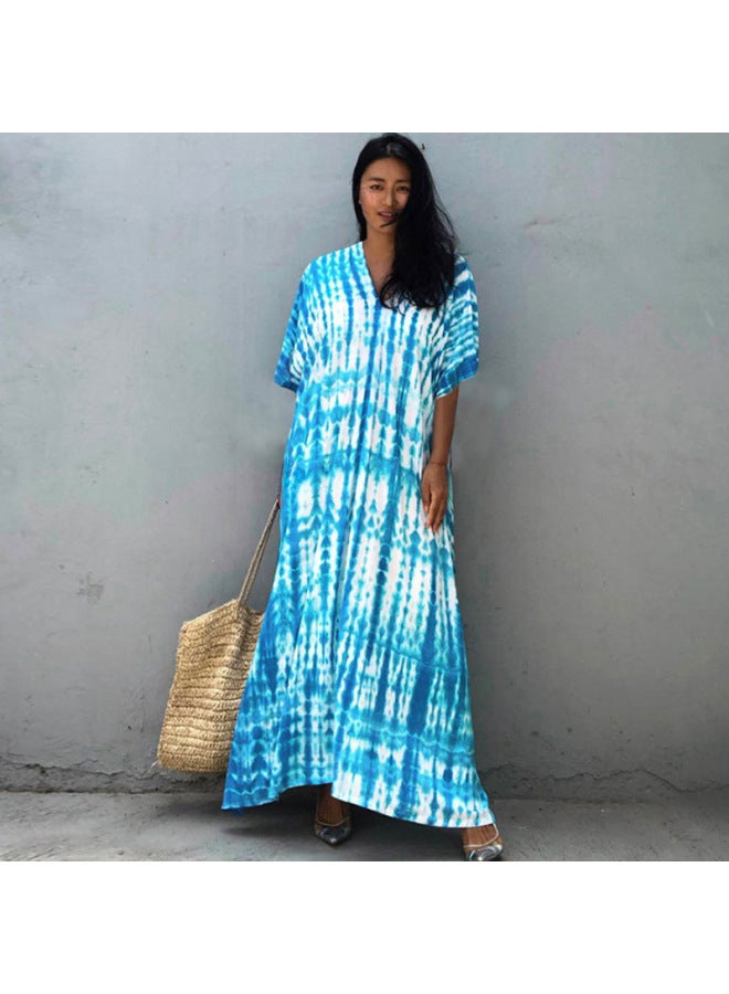 European And American Rayon Tie-dyed Beach Dress Loose Gown Seaside Holiday Bikini Swimsuit Outer Blouse Sunscreen Shirt For Women-Color:Light Blue (ZS1657-20)-  - Image 1
