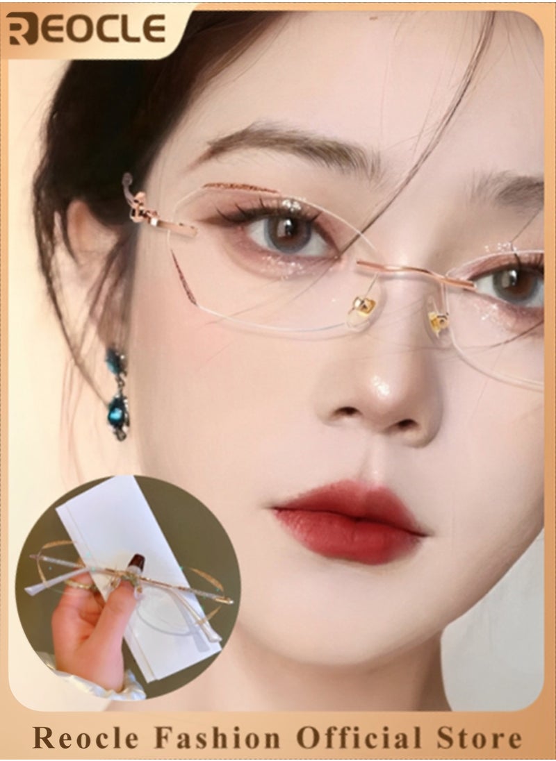 REOCLE - Women's Rimless Reading Glasses Frameless Metal Fashion Diamond Cut Edge Blue Light Computer Readers with Anti Eyestrain - Image 1