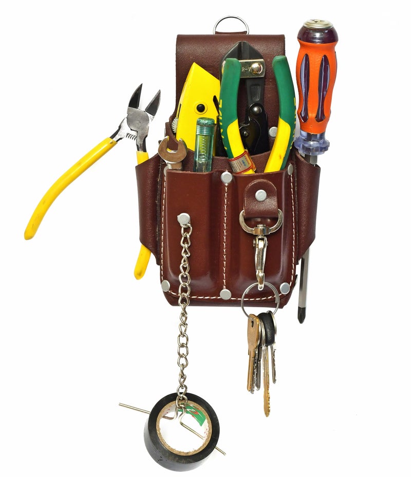 ApLeather Pro5 Electrician Pouch Leather Tool Pouch 5 Pocket Pouch with Electrical Tape Holder Durable Compartments Tool Pouch with Belt Clip Dark Brown