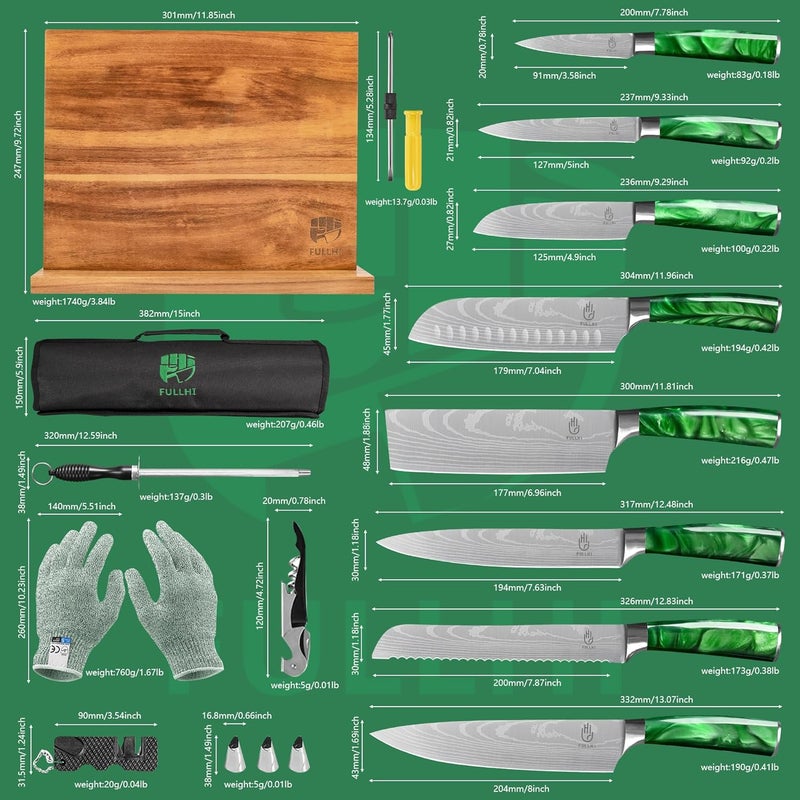 FULLHI 14/15pcs Japanese Multiple Colour Premium German Stainless Steel Kitchen Knife Set (Green, Magnetic Block Knife set) - Image 2