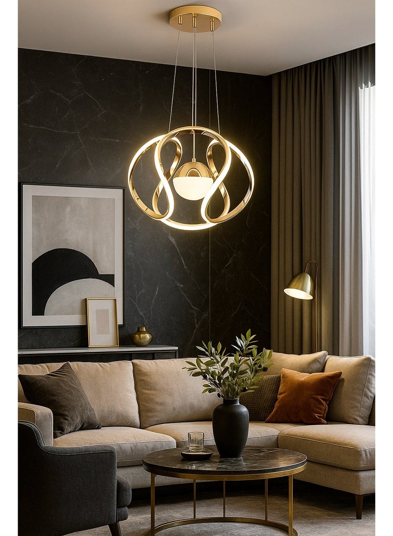 AL THURAYAT Modern and luxury LED chandelier with interlocking ring design, gold frame and warm LED lighting accents, 3 color for lighting, with remote control - Image 4