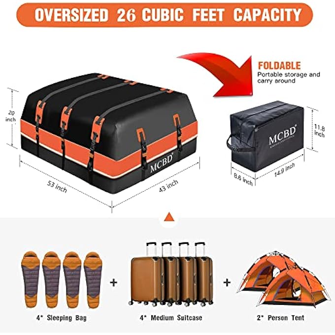 rayihni Rooftop Cargo Carrier, 26 Cubic Feet Soft-Shell Waterproof Car Roof Luggage Bag for All Vehicles SUV with/Without Rails, Includes 8 Reinforced Straps 6 Door Hooks Suitable,Storage Bag,Anti-Slip Mat - Image 2
