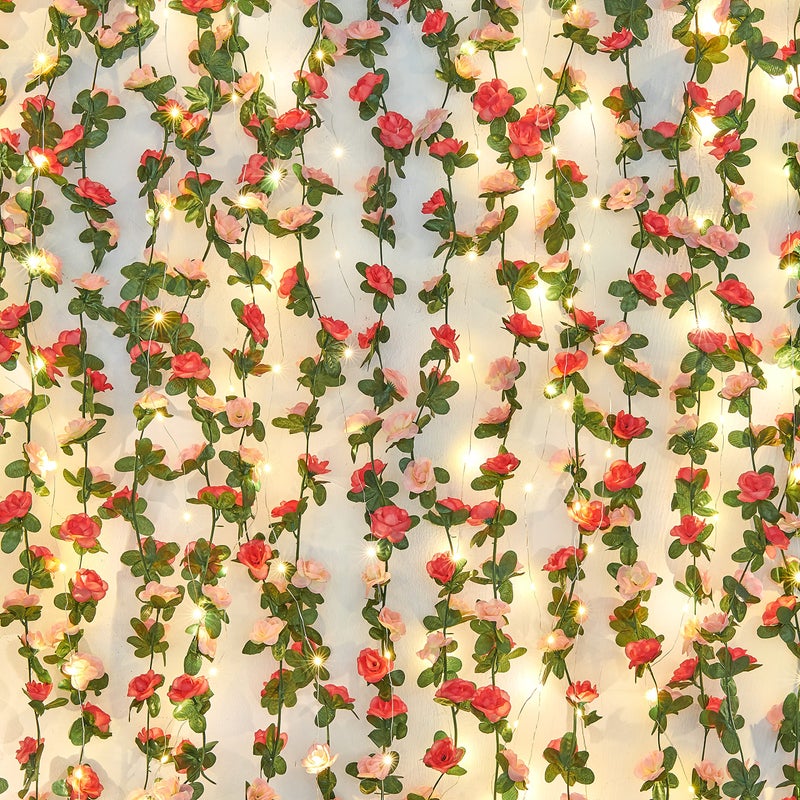 BLEUM CADE 5Pcs 41Ft Flower Garland Artificial Rose Vines with 32.8Ft String Lights, Cute Fake Hanging Flower Vines Floral Garland Decorations for Wedding Party Wall Room Decor Aesthetic - Image 1