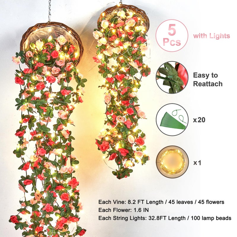 BLEUM CADE 5Pcs 41Ft Flower Garland Artificial Rose Vines with 32.8Ft String Lights, Cute Fake Hanging Flower Vines Floral Garland Decorations for Wedding Party Wall Room Decor Aesthetic - Image 5