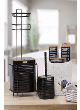 ‎okyanus Home Black Wooden Patterned Luna Square Spare Toilet Paper Holder and 6 Piece Bathroom Set  - Image 1