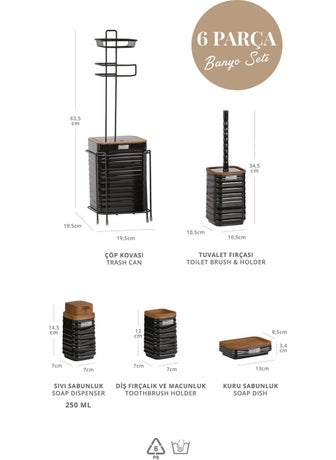 ‎okyanus Home Black Wooden Patterned Luna Square Spare Toilet Paper Holder and 6 Piece Bathroom Set  - Image 2