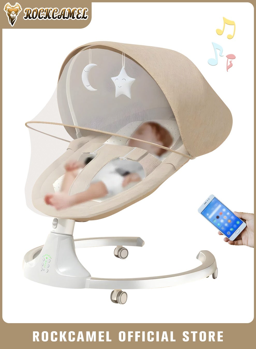 Movable Baby Swing Chair for Infants, Portable Bluetooth Baby Rocker with 5 Swing Speed, Timer, Remote Control & Removable Canopy, Adjustable Recline & Machine Washable Seat, Baby Rocker with Mosquito Net, Brown
