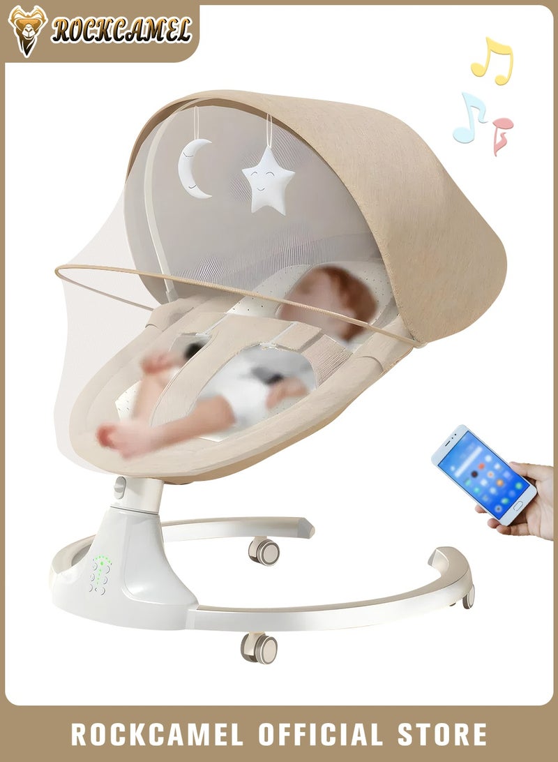 ROCKCAMEL Movable Baby Swing Chair for Infants, Portable Bluetooth Baby Rocker with 5 Swing Speed, Timer, Remote Control & Removable Canopy, Adjustable Recline & Machine Washable Seat, Baby Rocker with Mosquito Net, Brown - Image 1