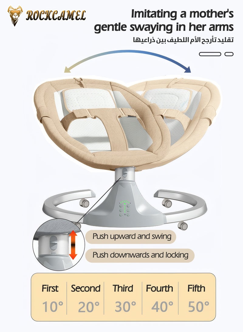 ROCKCAMEL Movable Baby Swing Chair for Infants, Portable Bluetooth Baby Rocker with 5 Swing Speed, Timer, Remote Control & Removable Canopy, Adjustable Recline & Machine Washable Seat, Baby Rocker with Mosquito Net, Brown - Image 3