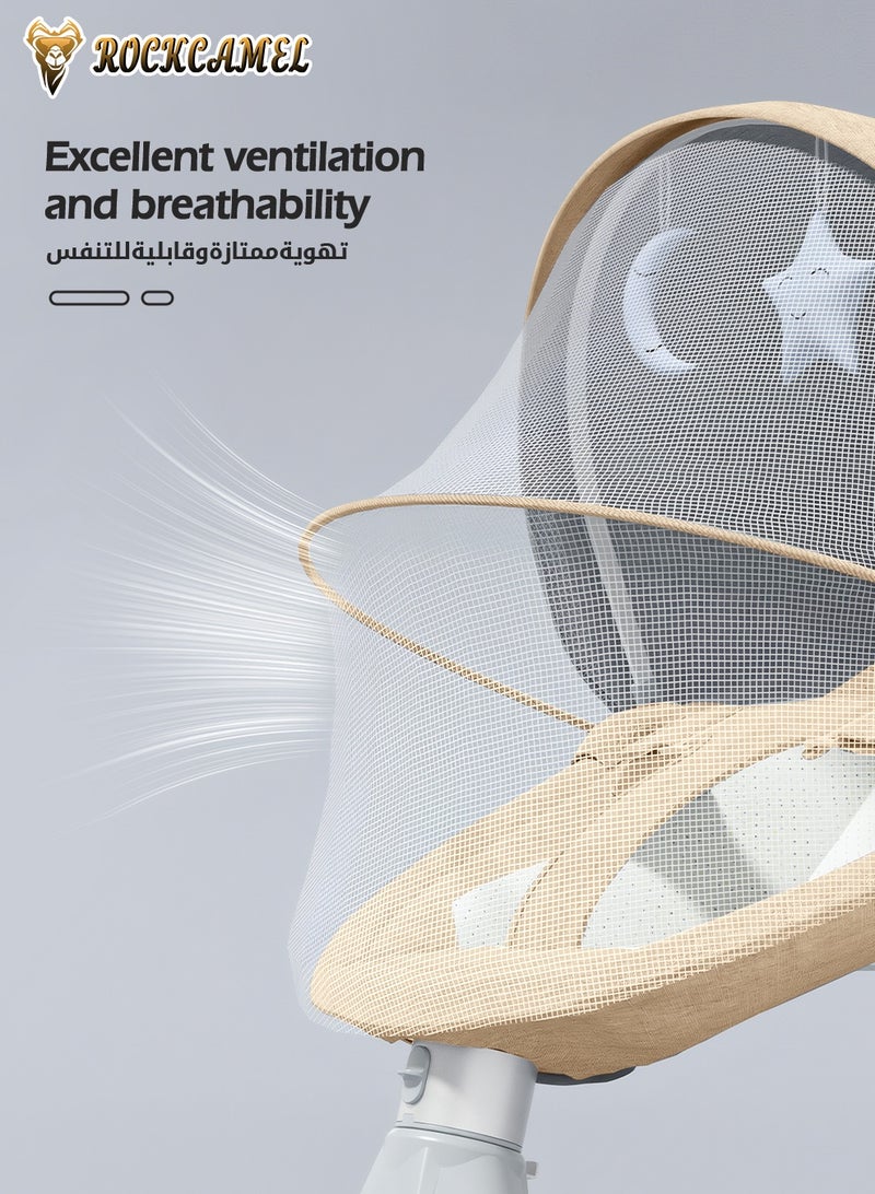 ROCKCAMEL Movable Baby Swing Chair for Infants, Portable Bluetooth Baby Rocker with 5 Swing Speed, Timer, Remote Control & Removable Canopy, Adjustable Recline & Machine Washable Seat, Baby Rocker with Mosquito Net, Brown - Image 4