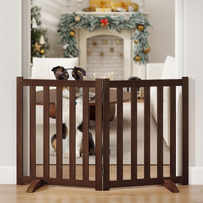 Axeman 36" Height Extra Tall Freestanding Pet Gate, Solid Wood Folding Safety Fence Wooden Dog Gate with 2 PCs Support Feet Ideal for Stairs, Doorways, Halls, Kitchens, Heavy Duty Gates, 3 Panels, Walnut - Image 1