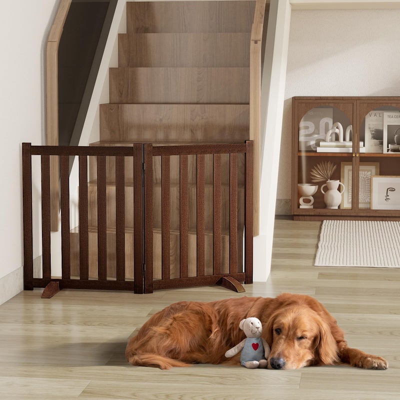 Axeman 36" Height Extra Tall Freestanding Pet Gate, Solid Wood Folding Safety Fence Wooden Dog Gate with 2 PCs Support Feet Ideal for Stairs, Doorways, Halls, Kitchens, Heavy Duty Gates, 3 Panels, Walnut - Image 2