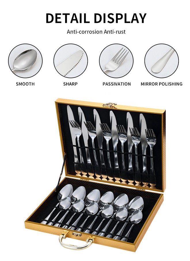 DUNISO 24 Pcs Stainless Steel Cutlery Set,silverware flatware cutlery set，Western style kitchen utensil set, mirror polished tableware set, with knife, fork, spoon and gift box, suitable for family dining, kitchen，gatherings,silver  - Image 3