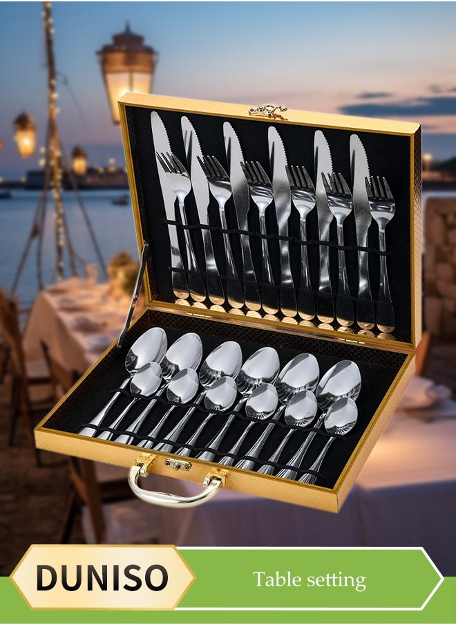 DUNISO 24 Pcs Stainless Steel Cutlery Set,silverware flatware cutlery set，Western style kitchen utensil set, mirror polished tableware set, with knife, fork, spoon and gift box, suitable for family dining, kitchen，gatherings,silver  - Image 1