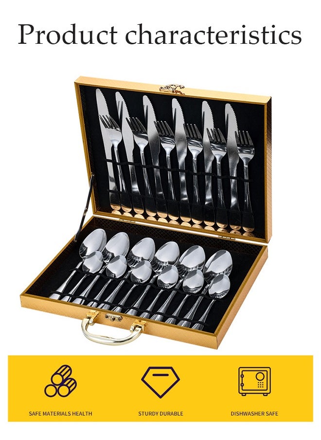DUNISO 24 Pcs Stainless Steel Cutlery Set,silverware flatware cutlery set，Western style kitchen utensil set, mirror polished tableware set, with knife, fork, spoon and gift box, suitable for family dining, kitchen，gatherings,silver  - Image 4