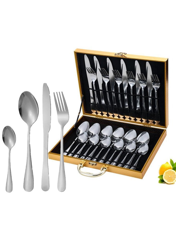 DUNISO طقم أدوات مائدة من الفولاذ المقاوم للصدأ 24 قطعة، أدوات مائدة فضية، طقم أدوات مطبخ على الطراز الغربي، طقم أدوات مائدة مصقول بلمسة مرآة، مع سكين، وشوكة، وملعقة وصندوق هدايا، مناسب لتناول الطعام العائلي، المطبخ، التجمعات، فضي - Image 1