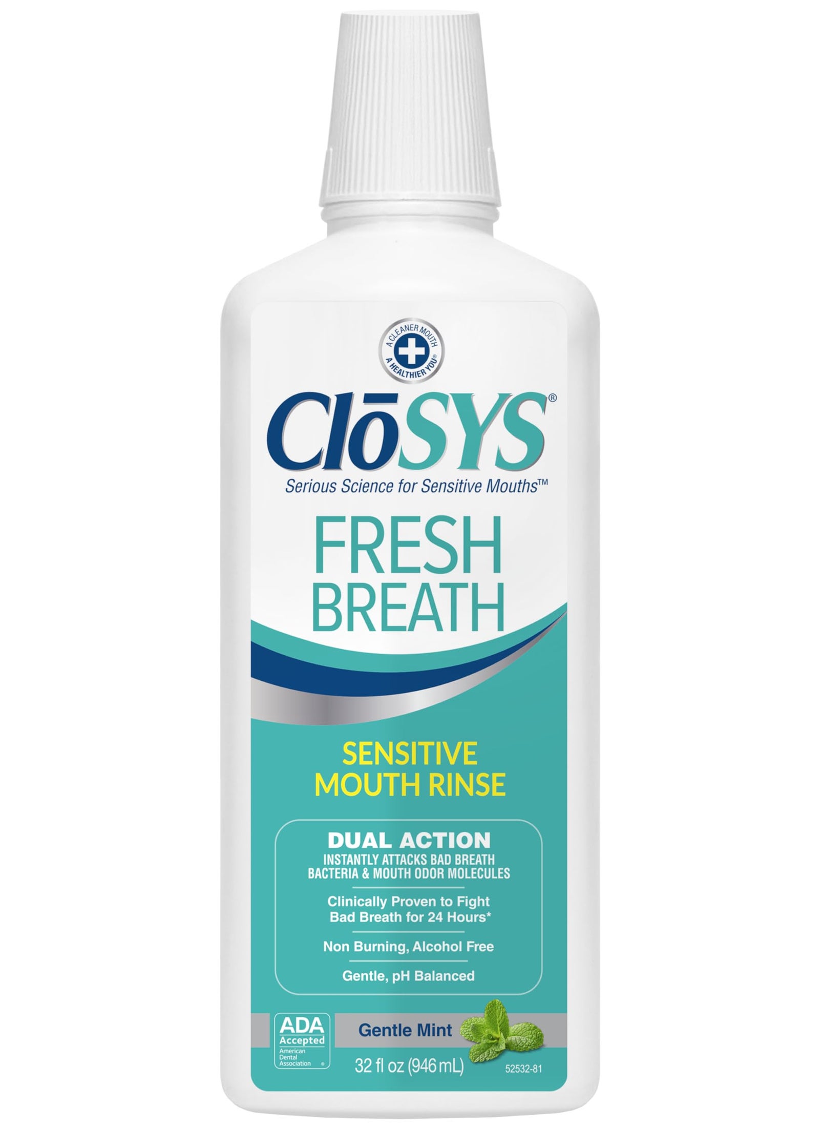 CloSYS CloSYS Sensitive Mouthwash, 32 Ounce, Gentle Mint, Alcohol Free, Dye Free, pH Balanced, Helps Soothe Mouth Sensitivity, Fights Bad Breath 