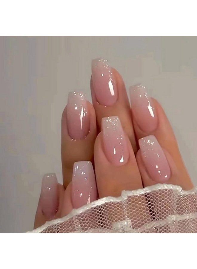 KRTBKR Medium Long Press On Nails Ombre Pink Fake Nails Glossy Glitter Full Cover Glue On Nails Bling Designs Natural Nude False Nails Reusable Artificial Acrylic False Nails For Women Manicure Salon Kit - Image 1