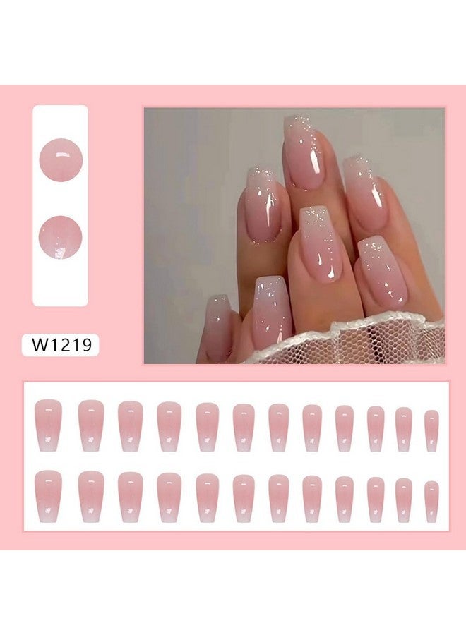 KRTBKR Medium Long Press On Nails Ombre Pink Fake Nails Glossy Glitter Full Cover Glue On Nails Bling Designs Natural Nude False Nails Reusable Artificial Acrylic False Nails For Women Manicure Salon Kit - Image 2
