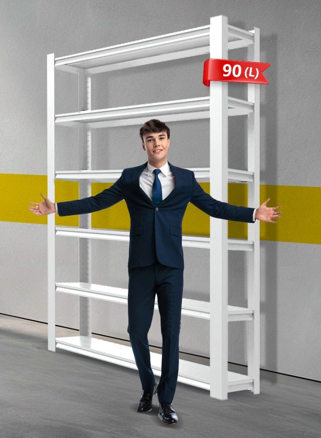 وحدة أرفف معدنية من 6 طبقات 183 × 90 × 40 سم، رف تخزين قابل للتعديل بسعة تحميل عالية، أرفف مرآب شديدة التحمل للقبو والمطبخ والمخزن وغرفة المعيشة والمستودع، أبيض - Image 1