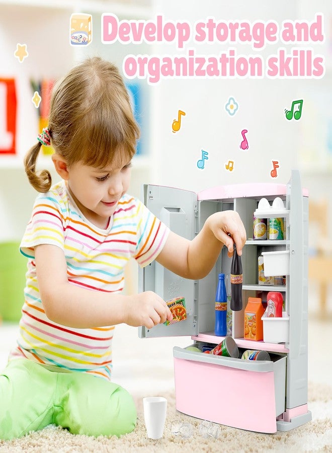 PLAY Refrigerator Toy Fridge with Ice Dispenser, Kids Pretend Play Kitchen Accessories with Toy Food Drink Bottles Milk Cans, Play Kitchen Appliances Set for Girls Age 3+, White - Image 4