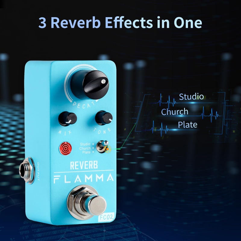 FLAMMA FC02 Mini Reverb Pedal Digital Guitar Pedal with 3 Reverb Effects Church Plate Studio True Bypass - Image 2
