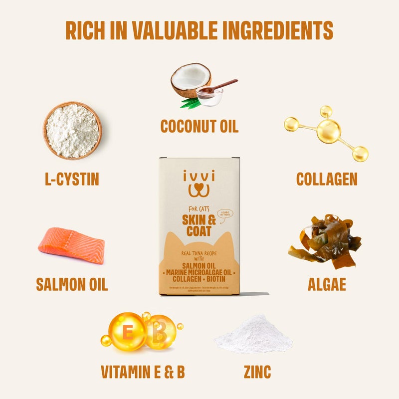 ivvi Skin & Coat for Cats â€“ Functional Creamy Snack with Salmon Oil, Algae Oil, Zinc, Collagen & Biotin â€“ Supports Skin and Fur Health â€“ 30 x 0.53 oz Sachets â€“ with Real Tuna - Image 2