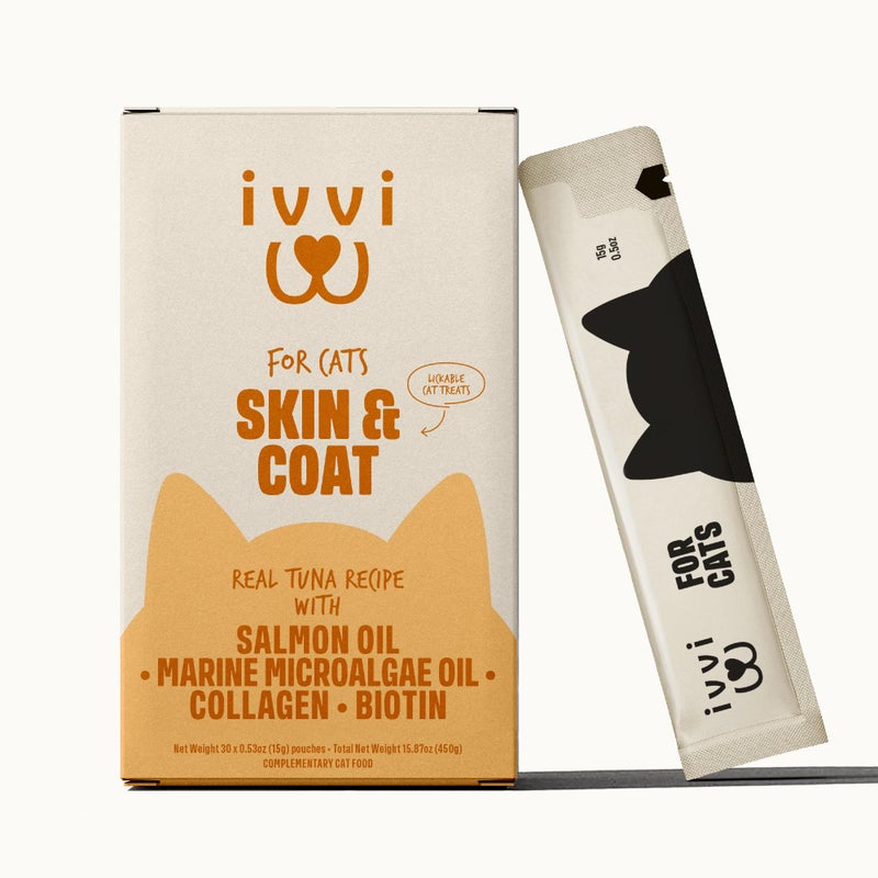 ivvi Skin & Coat for Cats â€“ Functional Creamy Snack with Salmon Oil, Algae Oil, Zinc, Collagen & Biotin â€“ Supports Skin and Fur Health â€“ 30 x 0.53 oz Sachets â€“ with Real Tuna - Image 1
